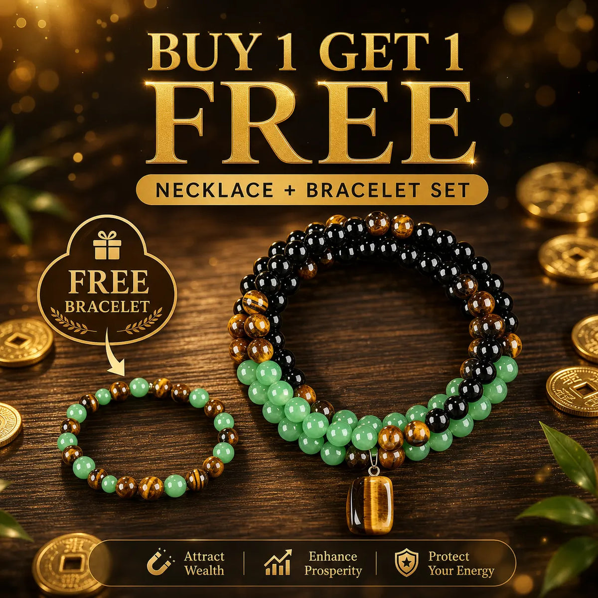 Buy 1 get 1 free | Wealth Attraction Green Aventurine Tiger Eye Necklace | Get Free Bracelet