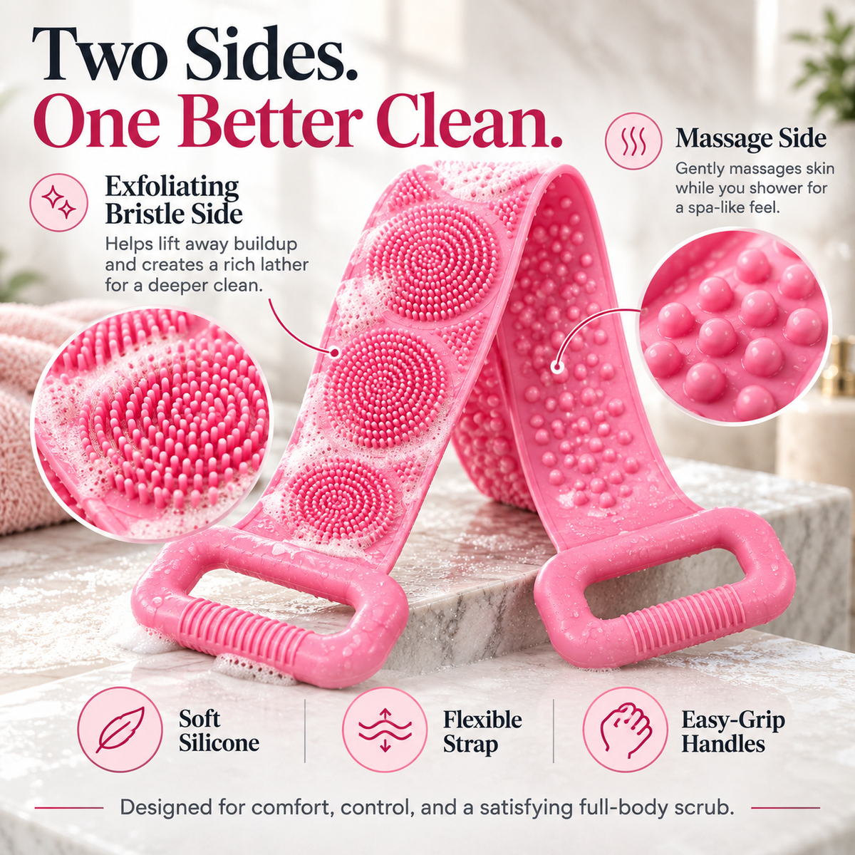Silicone Back Scrubber Belt – Exfoliating Shower Strap with Easy-Grip Handles