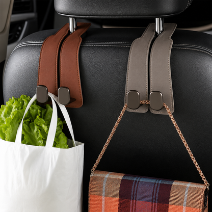 Leather Car Seat Headrest Hooks – Double Metal Purse & Bag Hangers